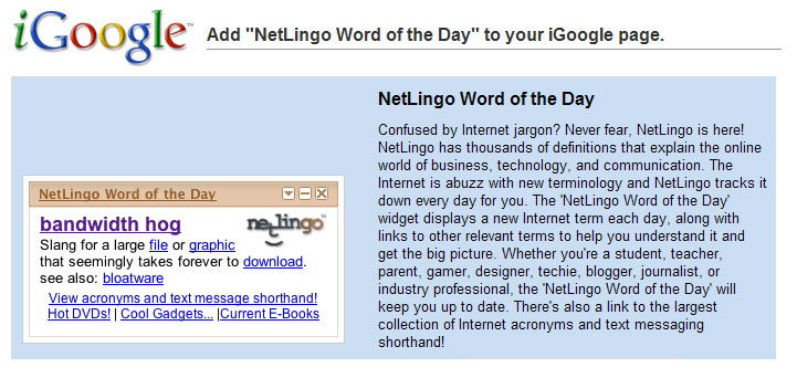 NetLingo Word of the Day Widget for Google
