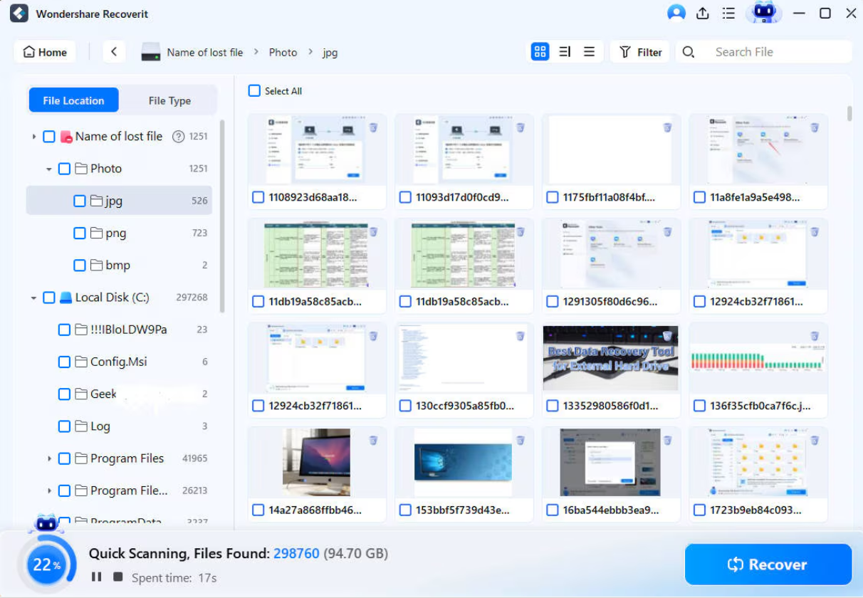 Preview recoverable files after scanning a hard drive with Recoverit