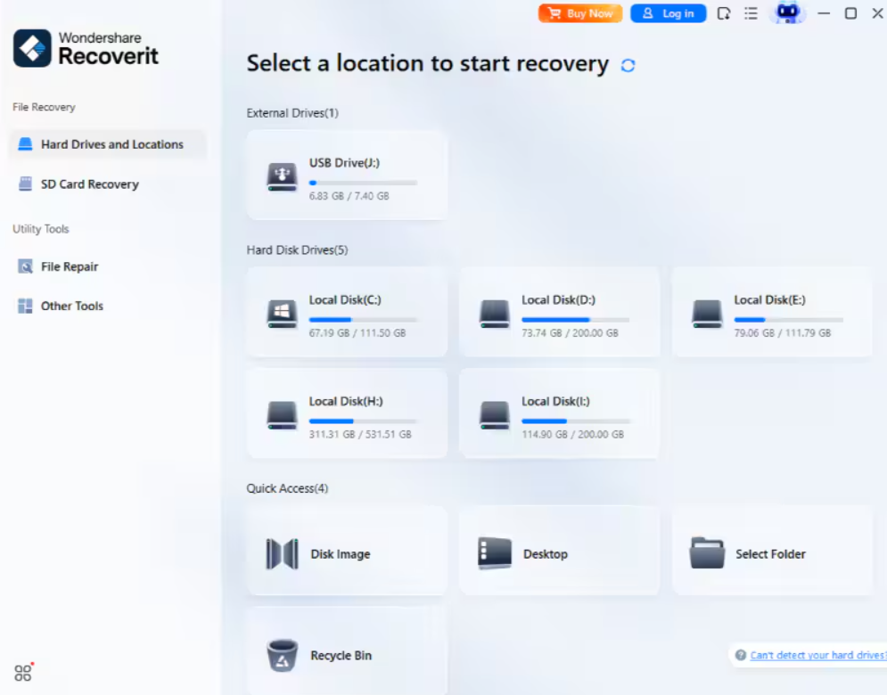 Select the affected hard drive in Recoverit before starting file recovery
